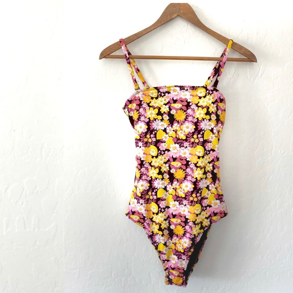 Aerie Floral One Piece Swim Strapless Purple